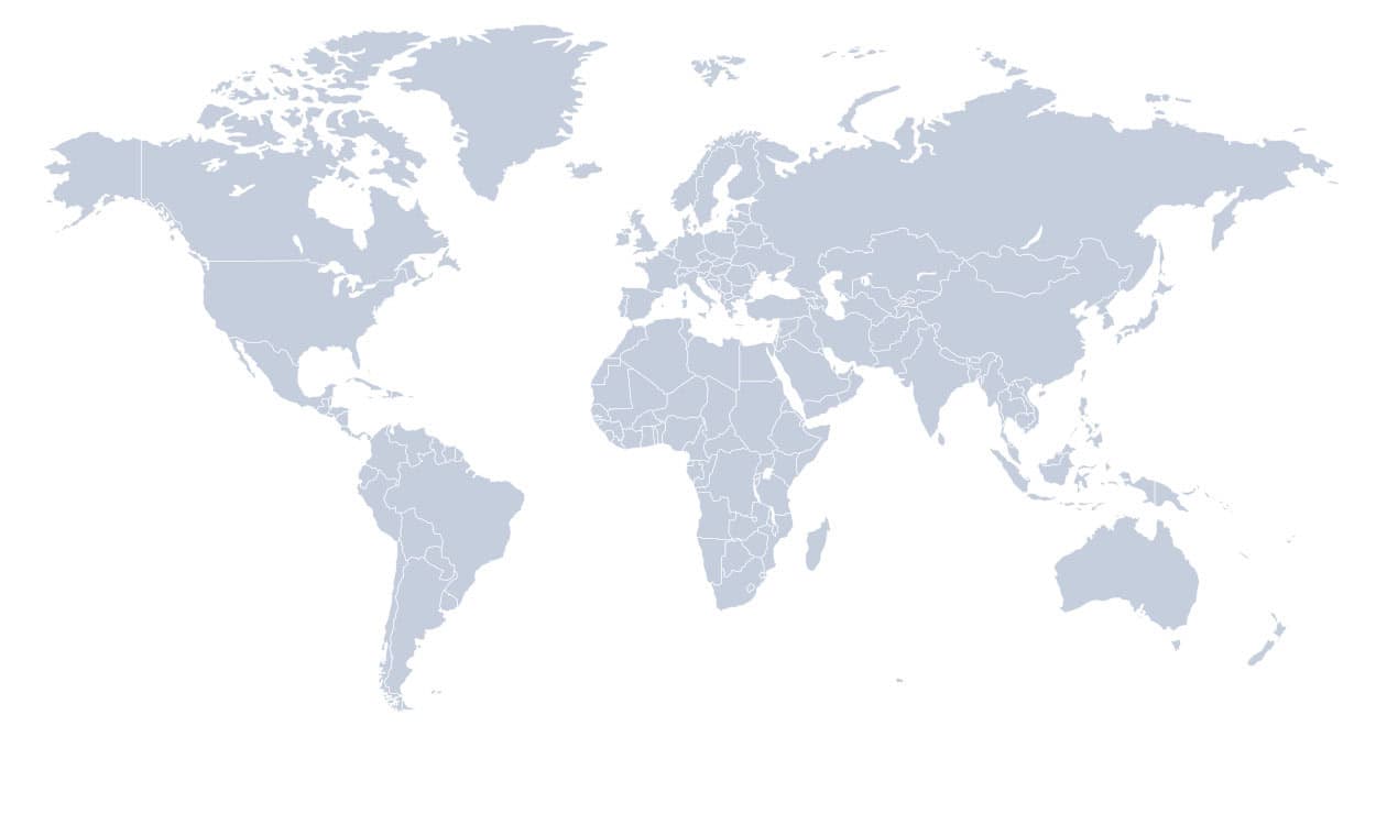 A light blue and white world map showing outlined continents and countries without labels or details.
