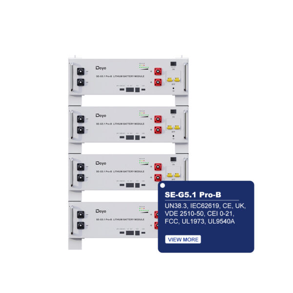 Four SE-G5.1 Pro-B Solar Power Batteries stacked, visible ports, certifications, and a “View More” button nearby.