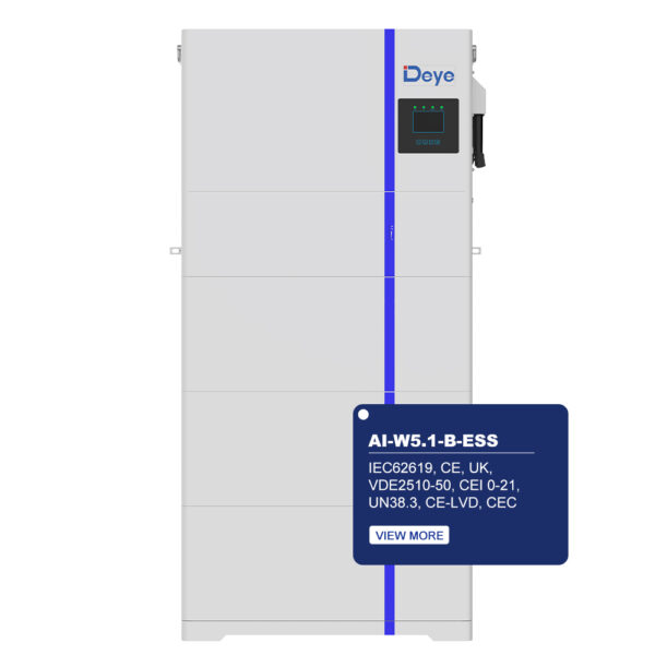 Deye AI-W5.1-B-ESS has a vertical blue stripe, small display, and compliance label in a blue box.