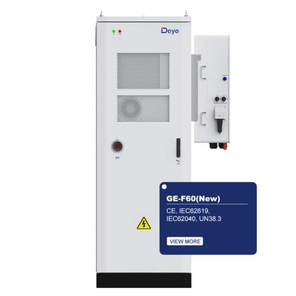 Tall white “Deye ESS” cabinet with warning sign, small unit, and tag for GE-F60 61.44kWh LFP Battery with details.