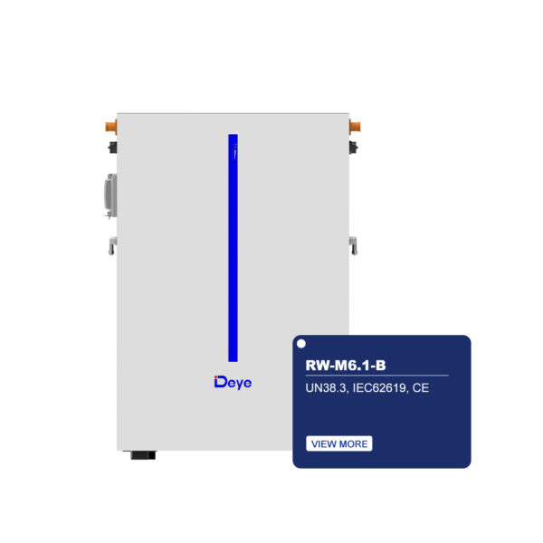 White RW-M6.1-B LiFePO4 solar battery with smart BMS, blue LED strip, and UN38.3, IEC62619, CE certified.