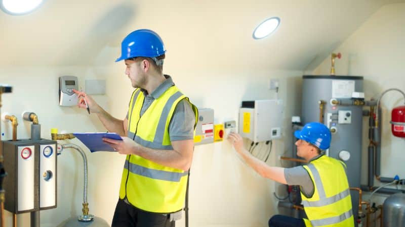 Two workers in vests and blue helmets check controls in a utility room with boilers and electrical panels.