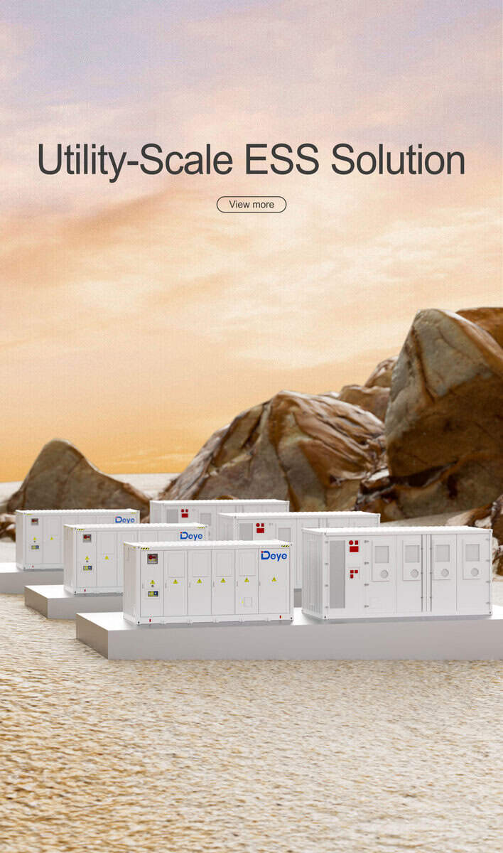White utility-scale energy storage units outdoors by rocks under clouds, with "Utility-Scale ESS Solution" above.