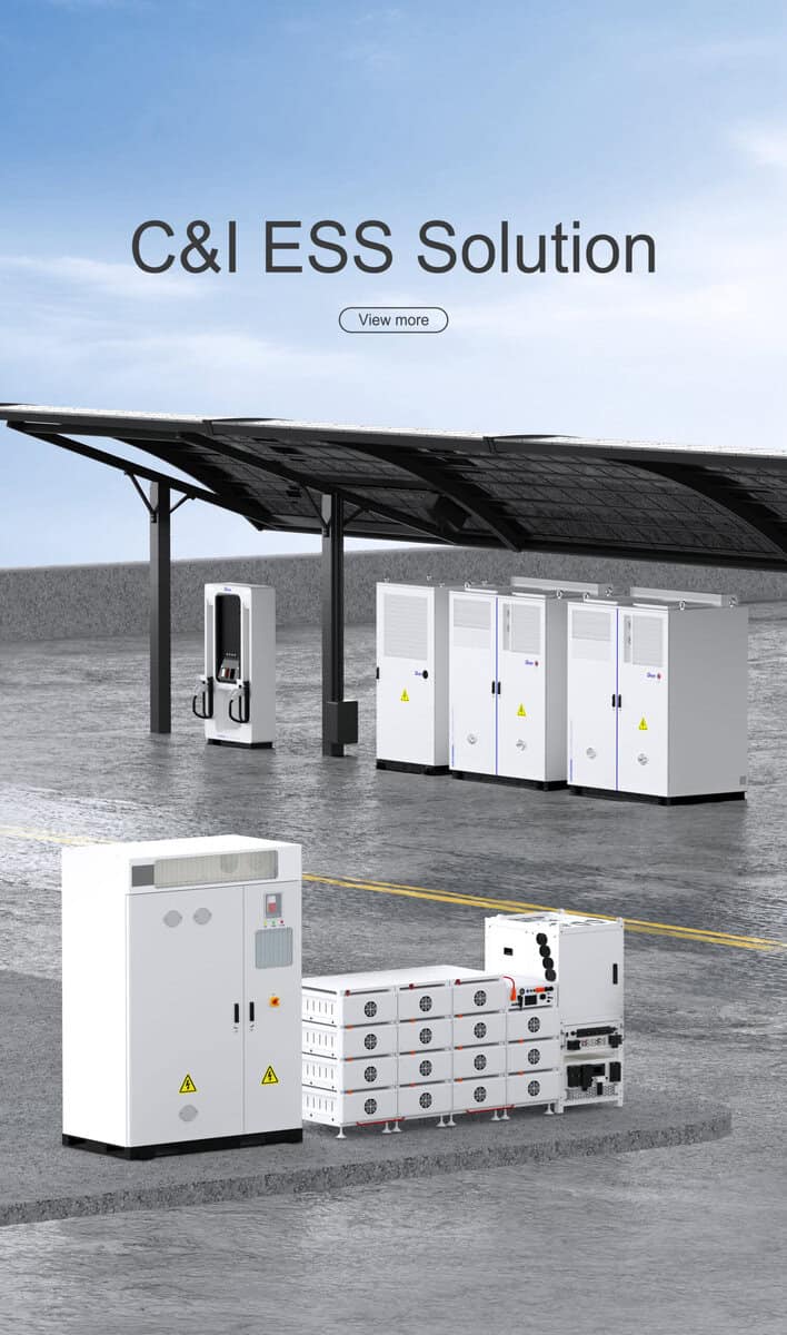 Industrial energy storage system with battery cabinets and a covered station. Text: "C&amp;I ESS Solution.