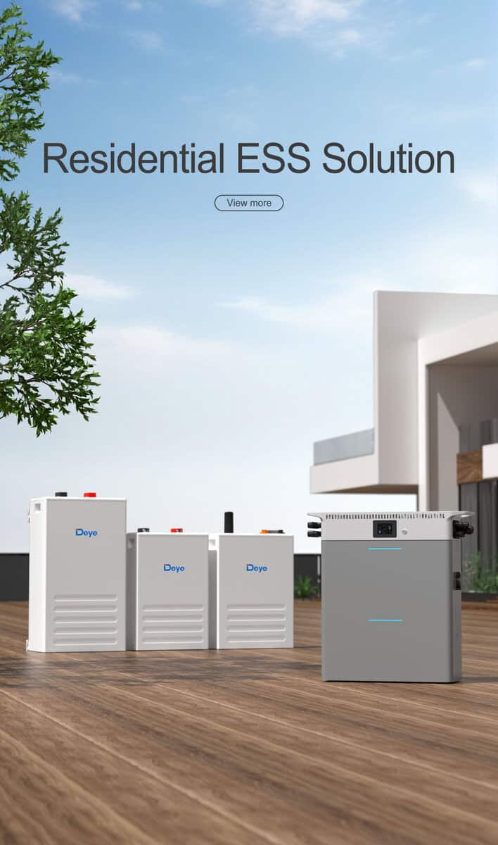 Four "Deye" energy storage units sit on a wooden deck by a modern house, with a tree visible in the background.