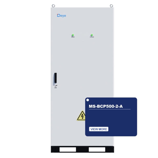 High-voltage electrical control panel for industrial automation, featuring green indicator lights labeled GRID and LOAD, with a modern design by Deye.