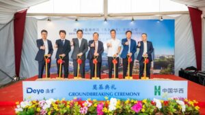 1. Deye energy technology groundbreaking ceremony with executives holding shovels, celebrating renewable energy innovation in Malaysia and China.
